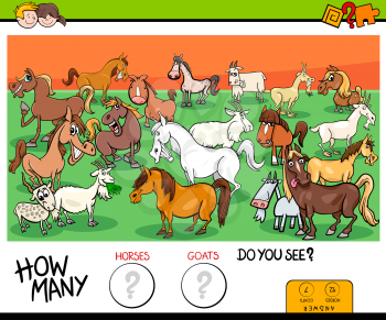 Cartoon Illustration of Educational Counting Game for Children with Horses and Goats Farm Animals Characters Group