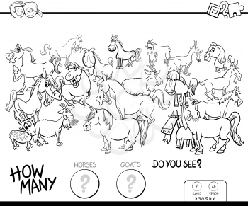 Black and White Cartoon Illustration of Educational Counting Game for Children with Horses and Goats Farm Animals Characters Group Coloring Book