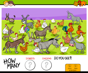 Cartoon Illustration of Educational Counting Game for Children with Donkeys and Chickens Farm Animals Characters Group
