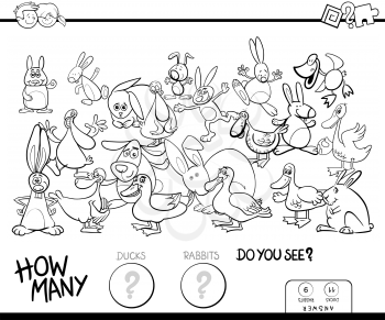 Black and White Cartoon Illustration of Educational Counting Game for Children with Ducks and Rabbits Farm Animals Characters Group Coloring Book