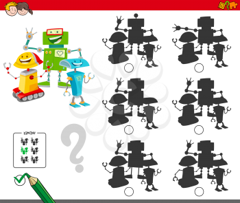 Cartoon Illustration of Finding the Shadow without Differences Educational Game for Children with Funny Robots Characters