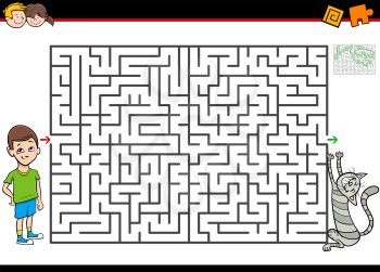Cartoon Illustration of Educational Maze or Labyrinth Activity Game for Children with Boy and His Pet Cat