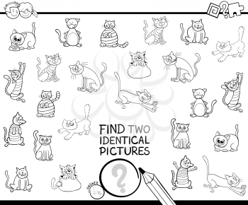 Black and White Cartoon Illustration of Finding Two Identical Pictures Educational Game for Kids with Cat Characters Coloring Book