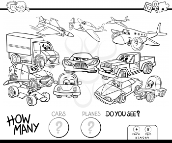 Black and White Cartoon Illustration of Educational Counting Game for Children with Cars and Planes Funny Characters Group Coloring Book