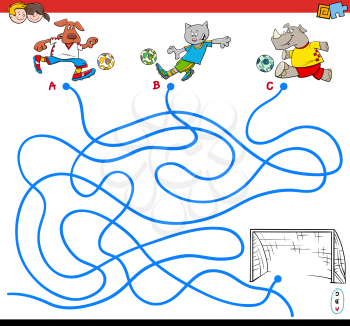 Cartoon Illustration of Paths or Maze Puzzle Activity Game with Soccer Animals