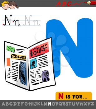 Educational Cartoon Illustration of Letter N from Alphabet with Newspaper for Children 