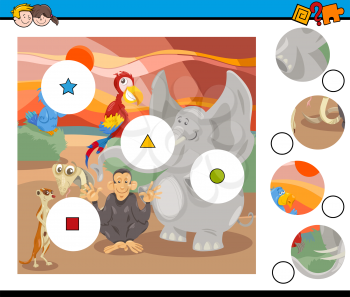 Cartoon Illustration of Educational Match the Elements Activity Game for Children with Safari Animal Characters Group