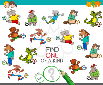 Cartoon Illustration of Find One of a Kind Picture Educational Activity Game for Children with Animal Football Players Characters