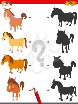 Cartoon Illustration of Join the Right Shadows with Pictures Educational Game for Children with Cute Farm Horse Characters