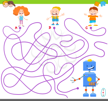 Cartoon Illustration of Lines Maze Puzzle Activity Game with Funny Robots Characters
