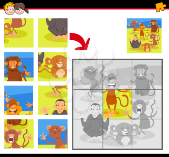 Cartoon Illustration of Educational Jigsaw Puzzle Game for Children with Happy Monkeys Wild Animal Characters Group