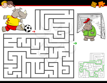 Cartoon Illustration of Education Maze or Labyrinth Activity Game for Children with Rhino Playing Soccer