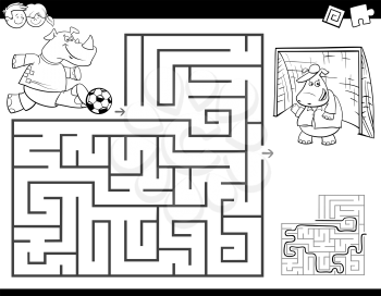 Black and White Cartoon Illustration of Education Maze or Labyrinth Activity Game for Children with Rhino Playing Soccer Coloring Book