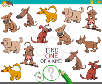 Cartoon Illustration of Find One of a Kind Picture Educational Activity Task for Children with Dogs Animal Characters