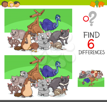 Cartoon Illustration of Finding Six Differences Between Pictures Educational Activity Game for Kids with Funny Animal Characters Group