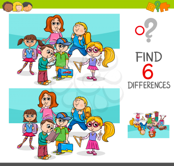 Cartoon Illustration of Finding Eight Differences Between Pictures Educational Activity Game for Kids with School Children Characters Group
