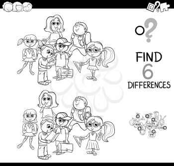 Black and White Cartoon Illustration of Finding Eight Differences Between Pictures Educational Activity Game for Kids with School Children Characters Group Coloring Book