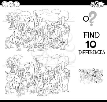 Black and White Cartoon Illustration of Finding Ten Differences Between Pictures Educational Game for Children with Purebred Dogs Animal Characters Coloring Book