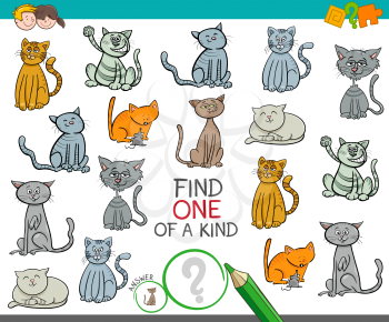 Cartoon Illustration of Find One of a Kind Picture Educational Activity Game for Children with Cats Animal Characters