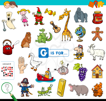 Cartoon Illustration of Finding Picture Starting with Letter G Educational Game Workbook for Children