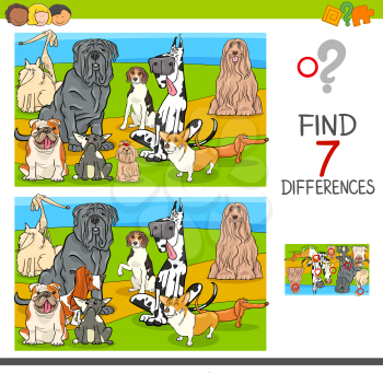 Cartoon Illustration of Finding Seven Differences Between Pictures Educational Activity Game for Children with Purebred Dogs Animals Characters Group