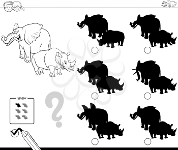 Black and White Cartoon Illustration of Finding the Shadow without Differences Educational Activity for Children with Elephant and Rhinoceros Animal Characters Coloring Book
