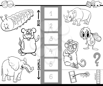 Black and White Cartoon Illustration of Educational Game of Finding the Biggest and the Smallest Animal Funny Characters for Children Coloring Book