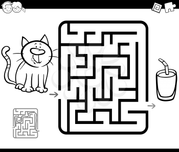 Black and White Cartoon Illustration of Education Maze or Labyrinth Game for Children with Cat and Milk Coloring Page
