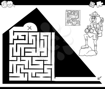 Black and White Cartoon Illustration of Education Maze or Labyrinth Game for Children with Traveler and Pyramid Coloring Page