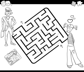 Black and White Cartoon Illustration of Education Maze or Labyrinth Game for Children with Young Couple Coloring Page