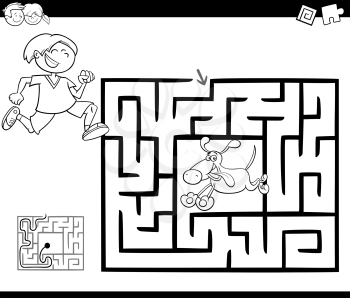 Black and White Cartoon Illustration of Education Maze or Labyrinth Game for Children with Little Boy and his Dog Coloring Page