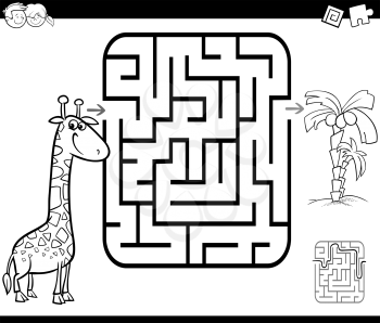 Black and White Cartoon Illustration of Education Maze or Labyrinth Game for Children with Giraffe and Palm Tree Coloring Page