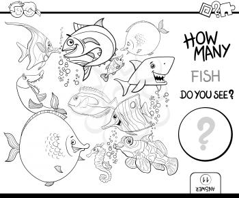 Black and White Cartoon Illustration of Educational Counting Activity Game for Children with Fish Sea Life Animal Characters Coloring Page