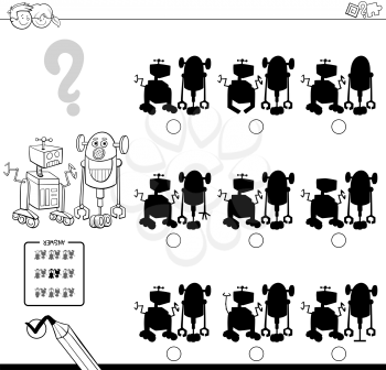Black and White Cartoon Illustration of Finding the Shadow without Differences Educational Activity for Children with Two Robots Characters Coloring Book