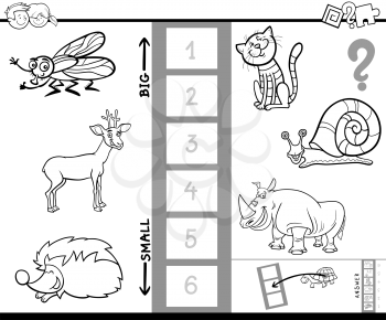 Black and White Cartoon Illustration of Educational Activity of Finding the Biggest and the Smallest Animal Coloring Book