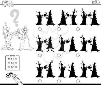 Black and White Cartoon Illustration of Finding the Shadow without Differences Educational Activity for Children with Two Wizards Fantasy Characters Coloring Book