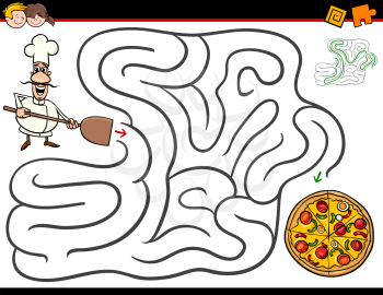 Cartoon Illustration of Education Maze or Labyrinth Activity Game for Children with Chef Character and Pizza
