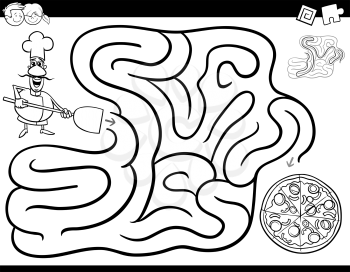 Black and White Cartoon Illustration of Education Maze or Labyrinth Activity Game for Children with Chef Character and Pizza Coloring Book