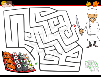 Cartoon Illustration of Education Maze or Labyrinth Activity Game for Children with Chef Character and Sushi