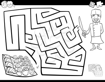 Black and White Cartoon Illustration of Education Maze or Labyrinth Activity Game for Children with Chef Character and Sushi Coloring Book
