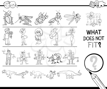Black and White Cartoon Illustration of Finding Picture that does not Fit with the Rest in a Row Educational Activity with People and Animal Characters Coloring Book
