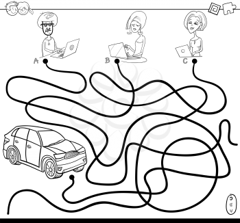 Black and White Cartoon Illustration of Paths or Maze Puzzle Activity Game with People with Laptops and Car Coloring Book