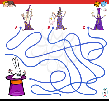 Cartoon Illustration of Paths or Maze Puzzle Activity Game with Wizard Characters and Rabbit in a Hat