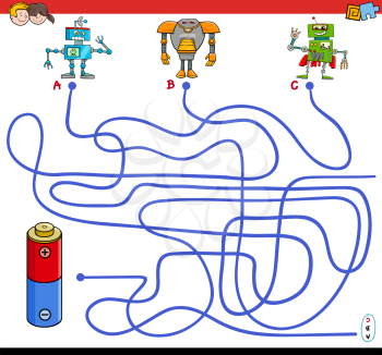 Cartoon Illustration of Paths or Maze Puzzle Activity Game with Robot Characters and Battery