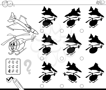 Black and White Cartoon Illustration of Finding the Shadow without Differences Educational Activity for Children with Helicopter and Jet Transportation Characters Coloring Book
