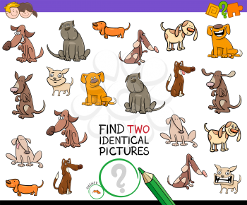 Cartoon Illustration of Finding Two Identical Pictures Educational Activity Game for Children with Funny Comic Dog Characters