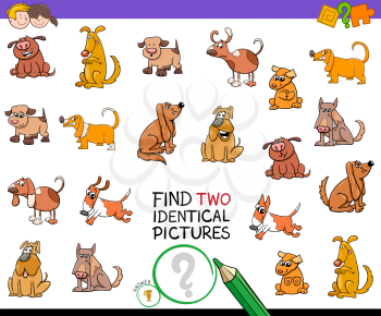 Cartoon Illustration of Finding Two Identical Pictures Educational Activity Game for Children with Comic Dog Characters