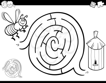 Black and White Cartoon Illustration of Education Maze or Labyrinth Activity Game for Children with Bee Insect Character and Hive Coloring Book