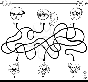 Black and White Cartoon Illustration of Paths or Maze Puzzle Activity Game with Children and Pets Characters Coloring Book