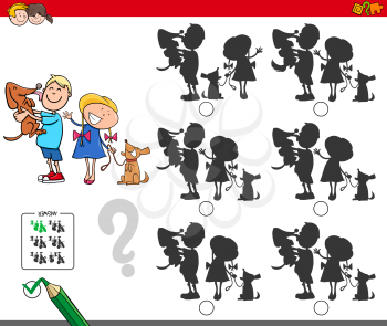 Cartoon Illustration of Finding the Shadow without Differences Educational Activity for Children with Children and Pet Dogs Characters